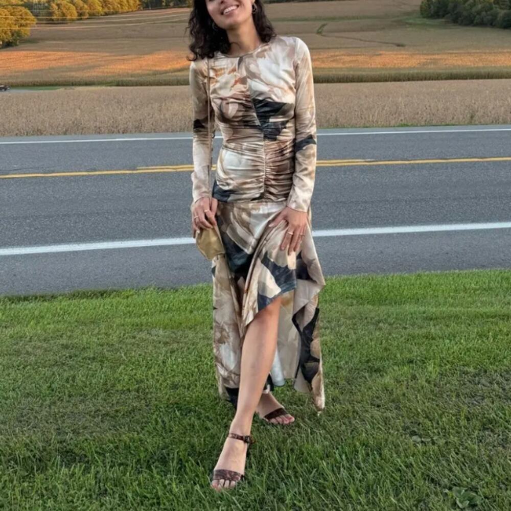 AKNVAS Beige Bold Floral Mesh Gown SIZE 4 Ruched Maxi Dress Party Designer $900 - Picture 6 of 13